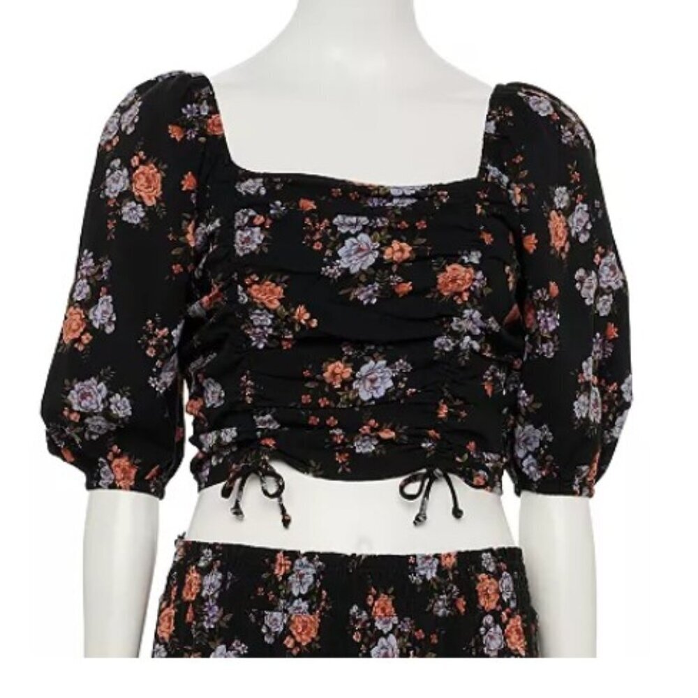 LIVE TO BE SPOILED SZ XL Juniors Puff Sleeve Ruched Floral Black Blue Orange Top
